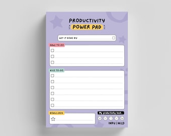 May include: A purple productivity power pad with a checklist for "Have to-do" and "Nice to-do" tasks. It also includes a section for "Get it done by" and a "Bonus Box". The bottom of the pad has a section for rating your productivity level with a series of emojis and the text "INKY & WILD".
