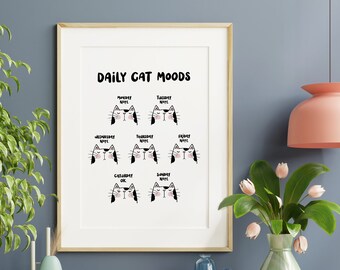 Daily Cat Moods Caturday Print | Sassy Pet Illustration | Cute Black and White Ginger Tabby Cat Art | Gift for Cat Lover