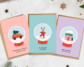 Snow Globe Christmas Cards | Cute Illustrated Multi-Pack | Seasons Greetings | | Happy Holidays | Pastel Xmas Cards