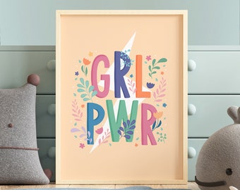 Girl Power Floral Print | Modern Typography Wall Art for Girls Bedroom |  Feminist Children’s Quote | Pastel Nursery Decor with Flowers