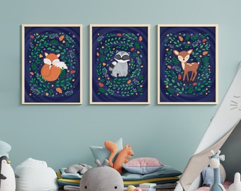 Set of 3 Woodland Animal Prints | Fox, Racoon, Deer Illustrated Wall Art | Kids Room | Cute Floral Forest Gender Neutral Poster