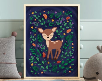 Deer Woodland Animal Print | Autumn Wall Art for Kids Room | Gender Neutral Nursery Decor | Cute Floral Forest Illustrated Poster