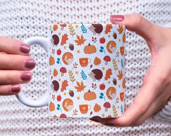 Autumn Forest Animals Ceramic Mug | 11oz White Cup Printed with Cute Woodland Hedgehog Fox Toadstools Illustration | Cute Fall Kitchenware