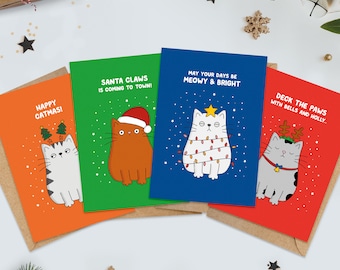 Lot de cartes de Noël Cats at Christmas, lot de jolies cartes de jeu de mots pour animaux de compagnie pour les amoureux des animaux