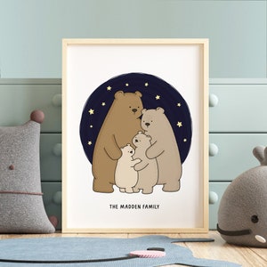 Bear Family Personalised Children's Print | Woodland Theme Kids Decor | Cute Contemporary Kids Art | Illustrated Bear Print