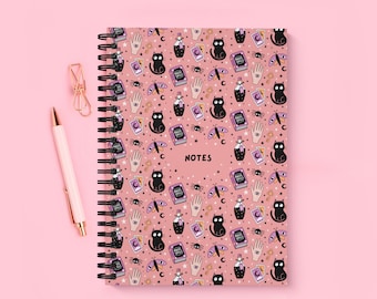 Mystical & Magical Spiral Bound Personalised Notebook (A5) | Witchy Halloween Cat Journal With Name | 120 Inner Pages Lined or Graph Paper