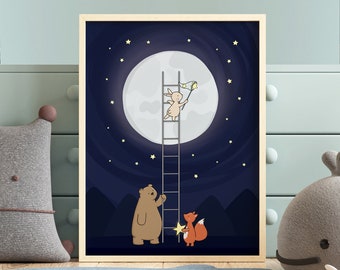 Woodland Animals Catching Stars Children's Print | Cute Moon and Stars Forest Wall Art | Illustrated Nursery Decor | Modern Kids Room Poster