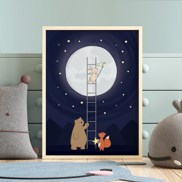 Woodland Animals Catching Stars Children's Print | Cute Moon and Stars Forest Wall Art | Illustrated Nursery Decor | Modern Kids Room Poster