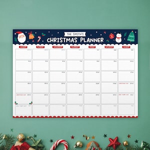 Gepersonaliseerde kerstmuurplanner | Leuke feestelijke A3-kalender voor december | Organisator kerstvakantie | Met achternaam | Maandplanner