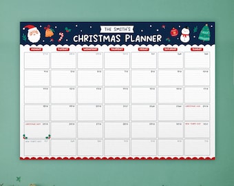 Personalised Christmas Wall Planner | Cute Festive A3 December Calendar | Xmas Holiday Organiser | With Family Name | Monthly Planner