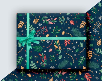 Illustrated Christmas Foliage Wrapping Paper Navy Gift Wrap with Festive Botanical Inspired Decor