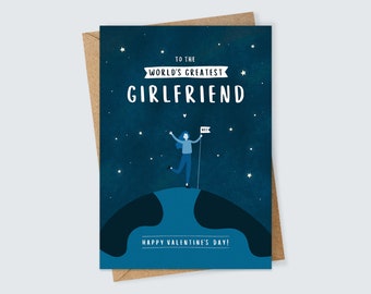 World's Greatest Girlfriend Valentine's Day Card with Cute Space Themed Illustration