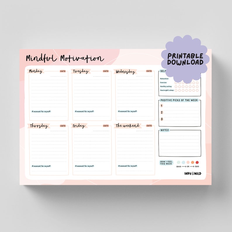 Motivation Planner Layout PRINTABLE Mindful Motivation A4 Weekly Planner Digital Download Print ...