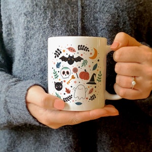 Halloween Pattern Illustrated Mug 11oz Printed Ceramic Cup Autumn Fall Home Decor