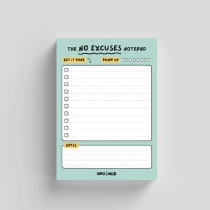 Notatnik No Excuses | Zabawna motywująca lista zadań do wykonania w formacie A6 | Prezent dla ucznia lub nauczyciela | Uroczy notatnik dla współpracownika | Zabawne artykuły piśmiennicze | Dla niego