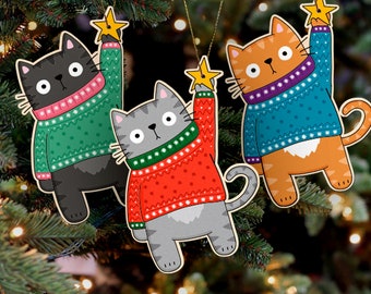 Niedliche Katzen in Weihnachtspullover hängende Baumdekoration | Haustier Weihnachtskugel | Umweltfreundliche hölzerne Baumschmuck | Geschenk für Katze