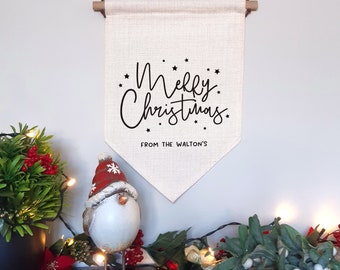 Merry Christmas Family Name Banner | Personalised Christmas Wall Hanging with Name | From The Family| Home Decor | Father Christmas Sign