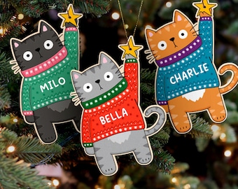 Personalised Cat Christmas Tree Decoration | Xmas Jumper | Custom Pet Baublel | Eco-Friendly Wooden Tree Ornament | Gift for Cat