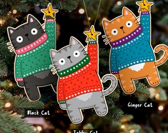 Lindos gatos con suéteres navideños para colgar en el árbol de
