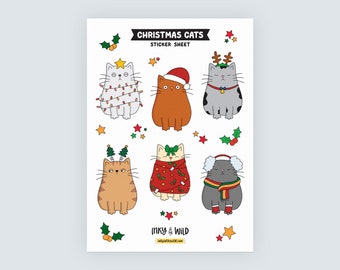 Cats at Christmas Sticker Sheet (A5) Cute Seasonal Animal Scrapbooking Decoration for Planners Bullet Journals or Kids' Crafts