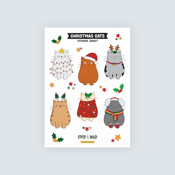 Cats at Christmas Sticker Sheet (A5) Cute Seasonal Animal Scrapbooking Decoration for Planners Bullet Journals or Kids' Crafts