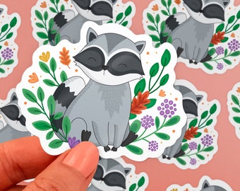 Woodland Baby Racoon Vinyl Sticker Cute Forest Animal Floral Autumn Fall Decal