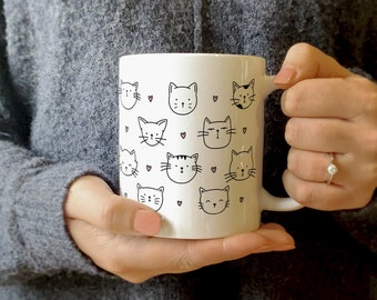 Cat Pattern Mug Cute Illustrated Coffee Mug 11oz Printed Ceramic Cup Crazy Cat Lady Gift Animal Lover