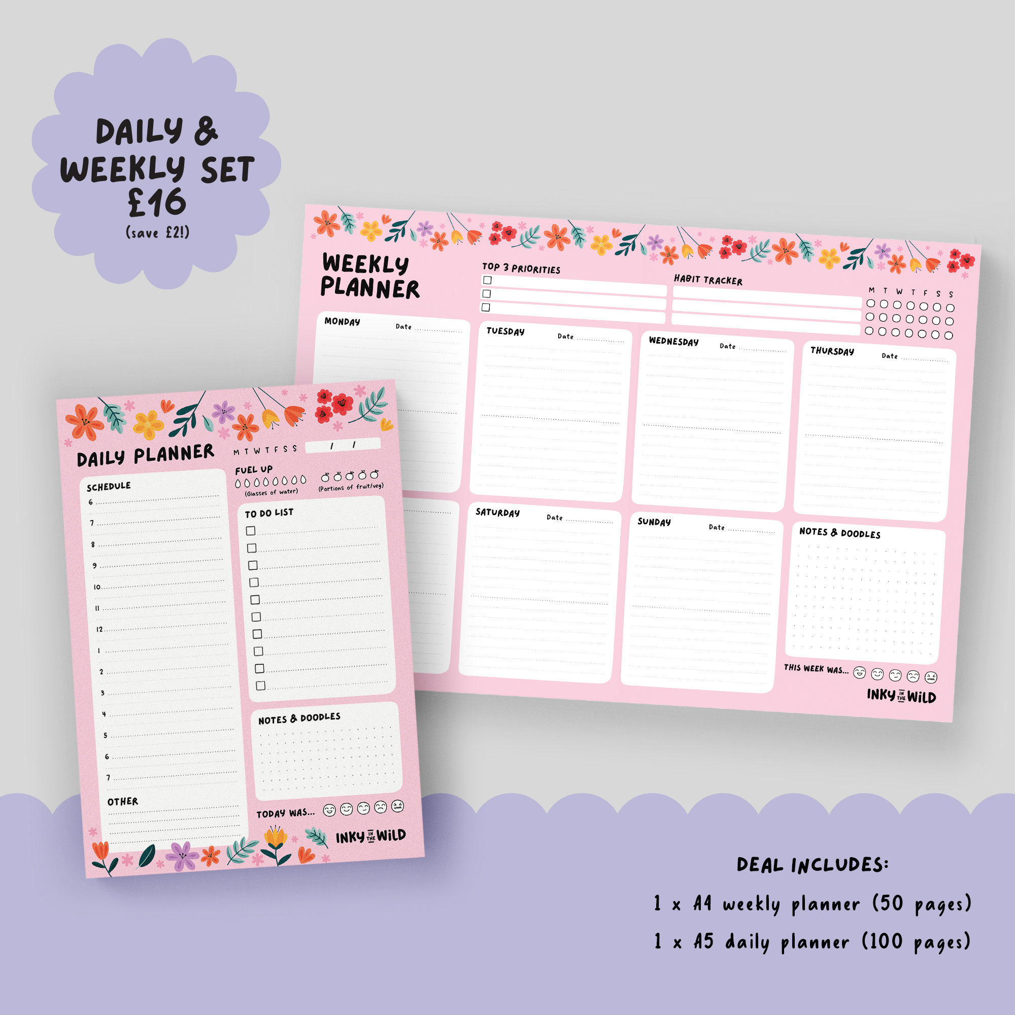 Weekly Bloom Chart Bold Blooms Floral Weekly Planner | A4 Notepad With Daily Oraginser and ...