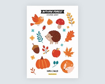 Autumn Forest Sticker Sheet (A5) | Fall Decor | Woodland Animal Planner Decals | Toadstool Hedgehog | Fox Pumpkin Leaves | Bullet Journal