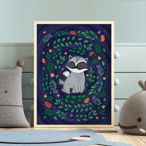 Stampa di procioni nel bosco / Arte murale neutra per cameretta o asilo nido / Poster illustrato con graziosi animali della foresta e foglie autunnali