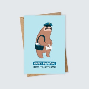 Tarjeta de cumpleaños atrasada de Sloth Mail con una linda ilustración