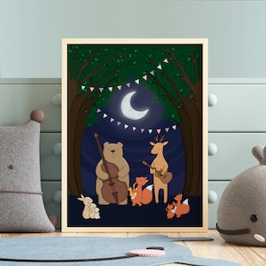 Impresión artística de fiesta de animales del bosque / Linda decoración de guardería forestal / Arte de pared con ilustración de oso / Póster infantil para habitación de niños