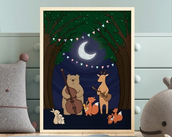 Woodland Animal Party Art Print | Cute Forest Nursery Decor | Bear Illustration Wall Art | Kids Room Children’s Poster