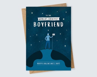 World's Greatest Boyfriend Valentine's Day Card with Cute Space Themed Illustration