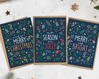 Pack of Illustrated Christmas Cards with Traditional Wishes Floral and Botanical Inspired Holiday Greetings Cards