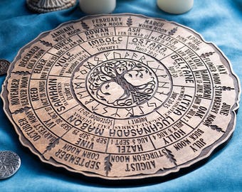 Celtic Tree Calendar Wheel – Wooden Pagan Year Wheel with Moon Phases & Celtic Months