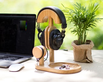 wood headphone stand - handmade stand - headphone wood stand - original gift for him - desk organizer - headphones - headphone holder