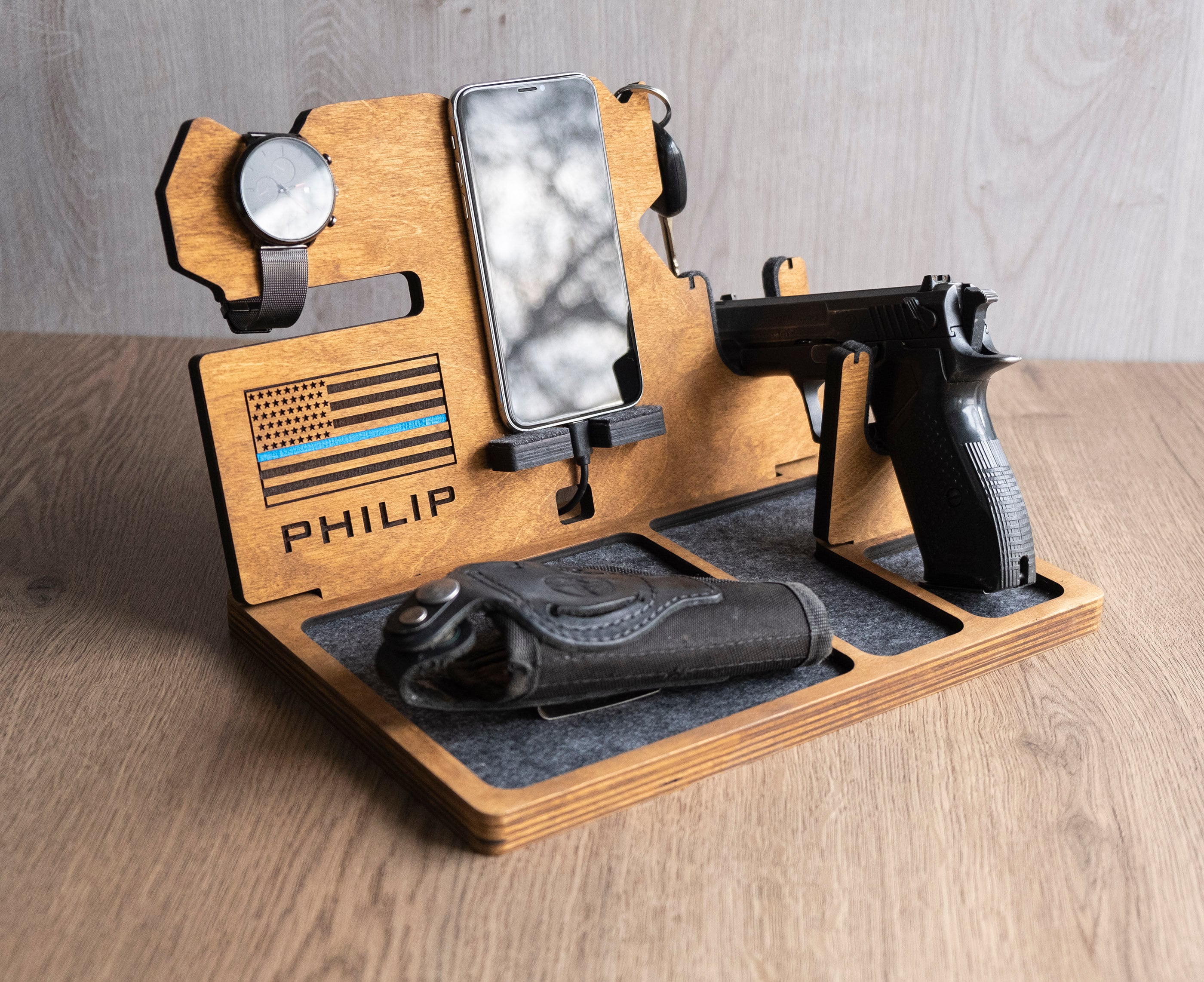 Wood Stand for Gun Nightstand Organizer With Gun Holder Police Etsy UK