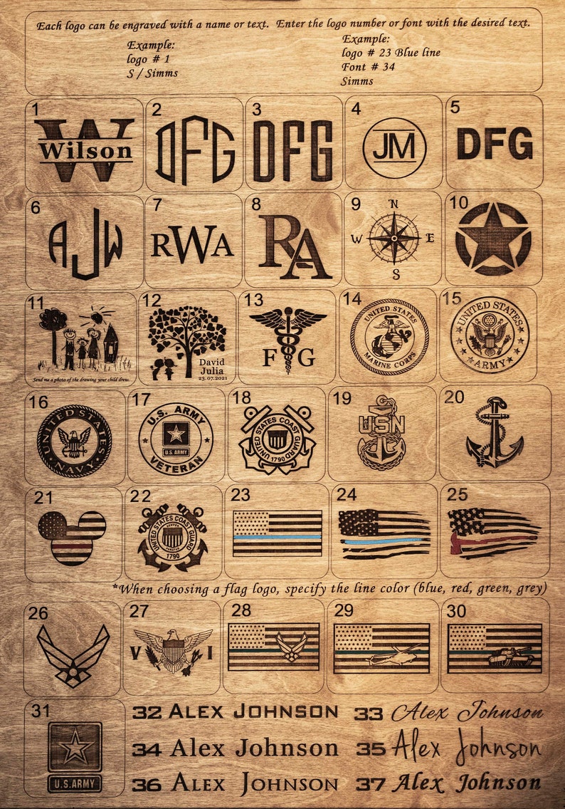 Puede incluir: Un gr&aacute;fico con 37 opciones de logo diferentes para grabar. Los logotipos incluyen iniciales, nombres de familia, ramas militares y banderas. El gr&aacute;fico est&aacute; sobre un fondo de madera.