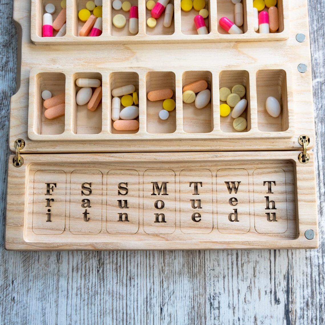Wood Pill Box 7 Day Sun and Moon Day and Night Weekly Pill Box Etsy