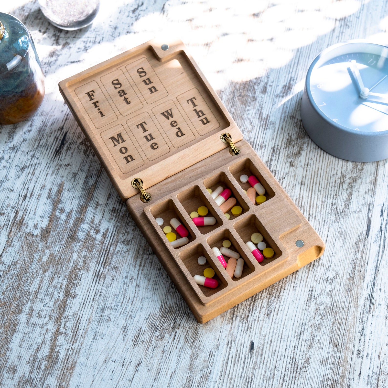 Wood Pill Box 7 Day Decorative Travel Container Weekly Pill Etsy
