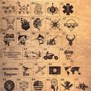 May include: A wooden board with 67 numbered squares, each containing a different logo. The logos include a compass, a wolf, a unicorn, a deer, a fish, a motorcycle, a plane, a dreamcatcher, a chef's hat with crossed knives, and a semi-truck. The text "Each logo can be engraved with a name or text. Enter the logo number or font with the desired text." is printed at the bottom of the board.