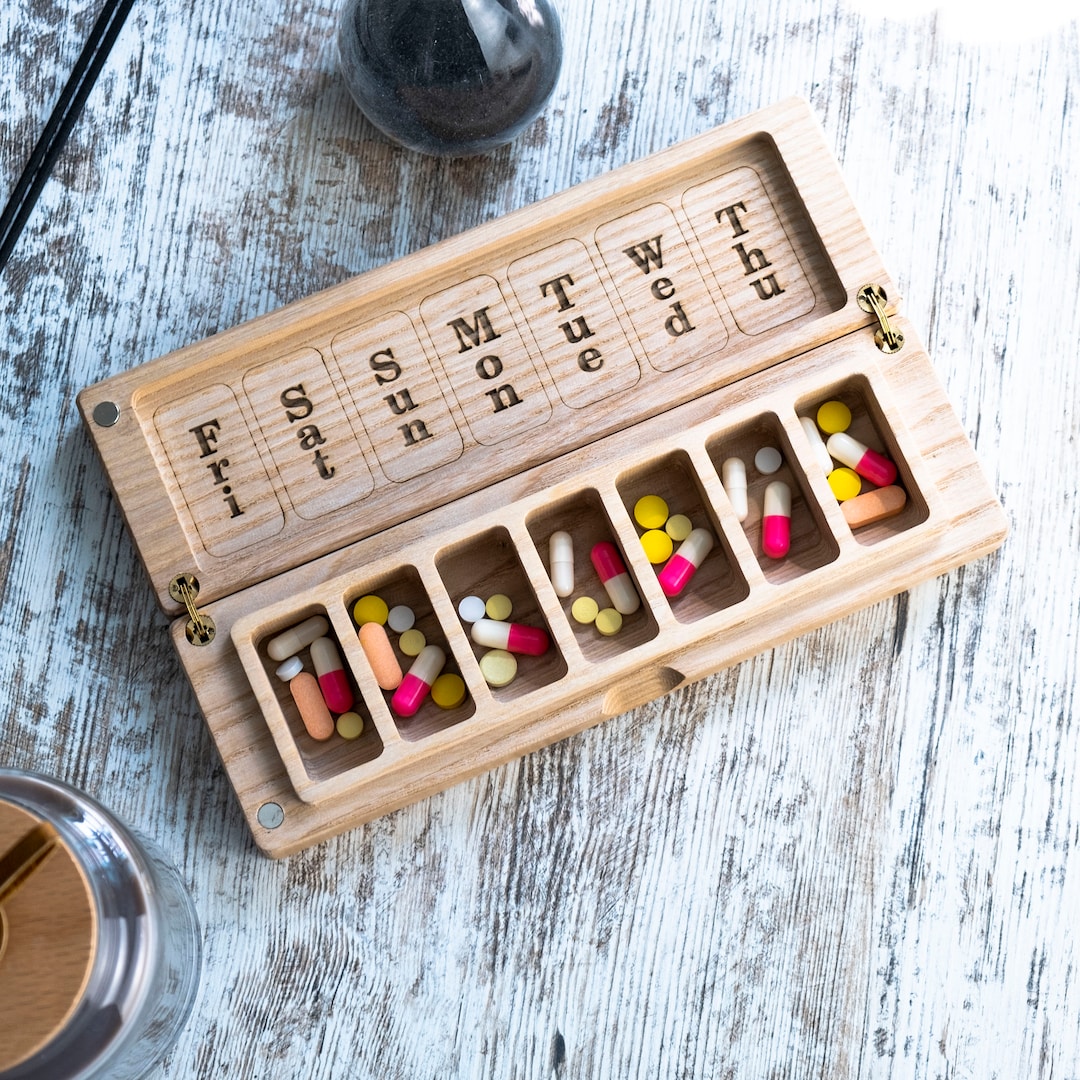 Wood Pill Box 7 Day Sun and Moon Day and Night Weekly Pill Box Pill