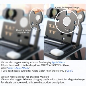 May include: A black phone stand with cutouts for charging an Apple Watch and a MagSafe charger. The stand has a sleek, modern design and is ideal for keeping your phone and other devices organised.