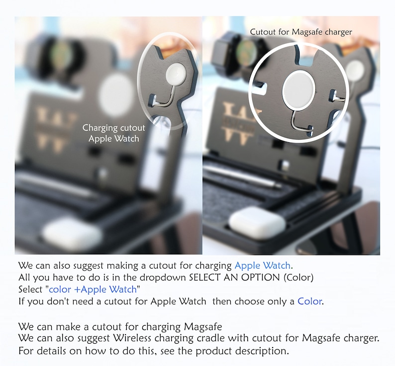 May include: A black phone stand with cutouts for charging an Apple Watch and a MagSafe charger. The stand has a sleek, modern design and is ideal for keeping your phone and other devices organised.