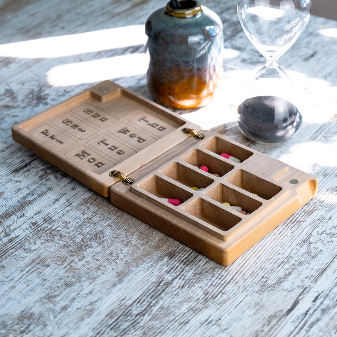Wood Pill Box 7 Day Decorative Travel Container Weekly Pill Etsy