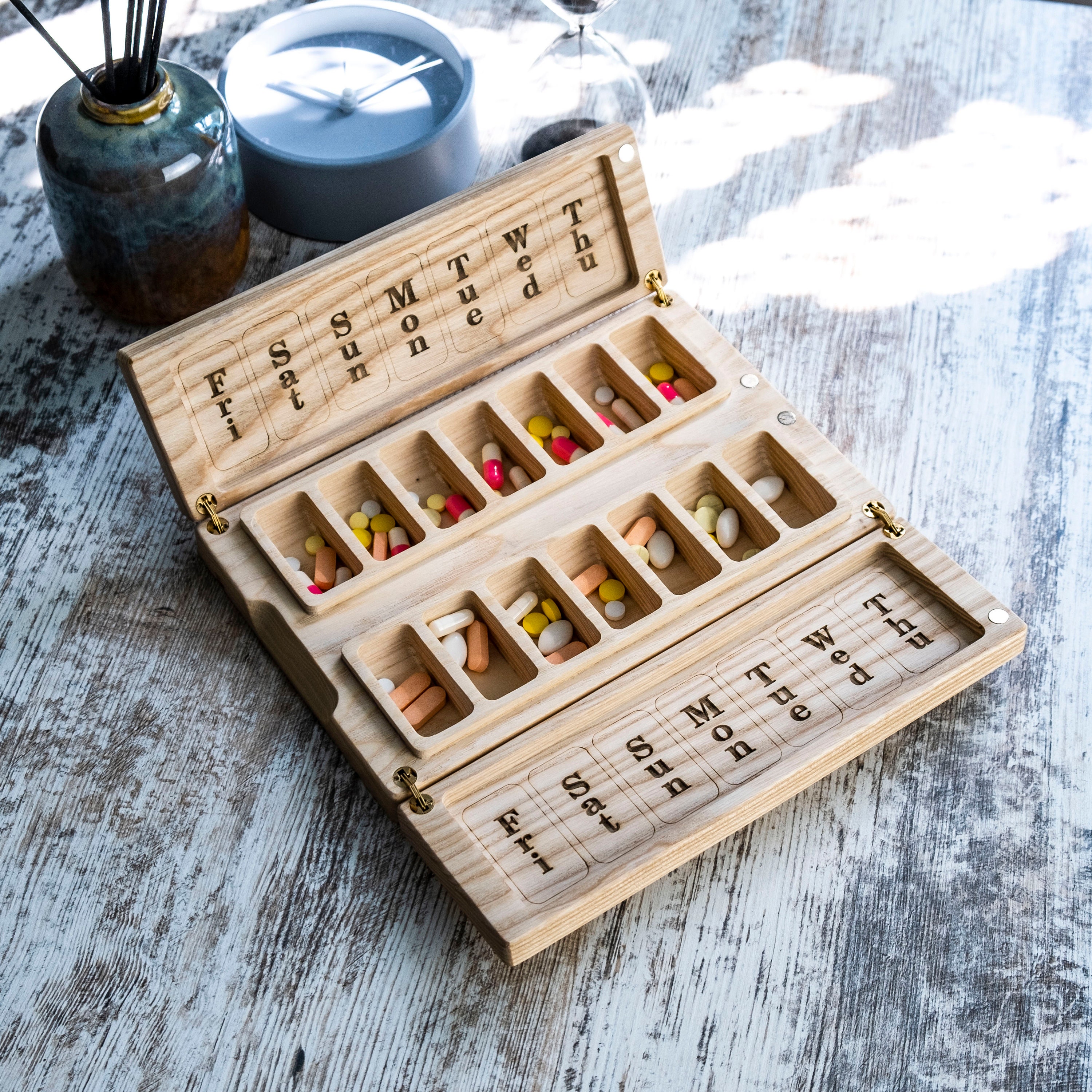 Wood Pill Box 7 Day Sun and Moon Day and Night Weekly Pill Box Etsy