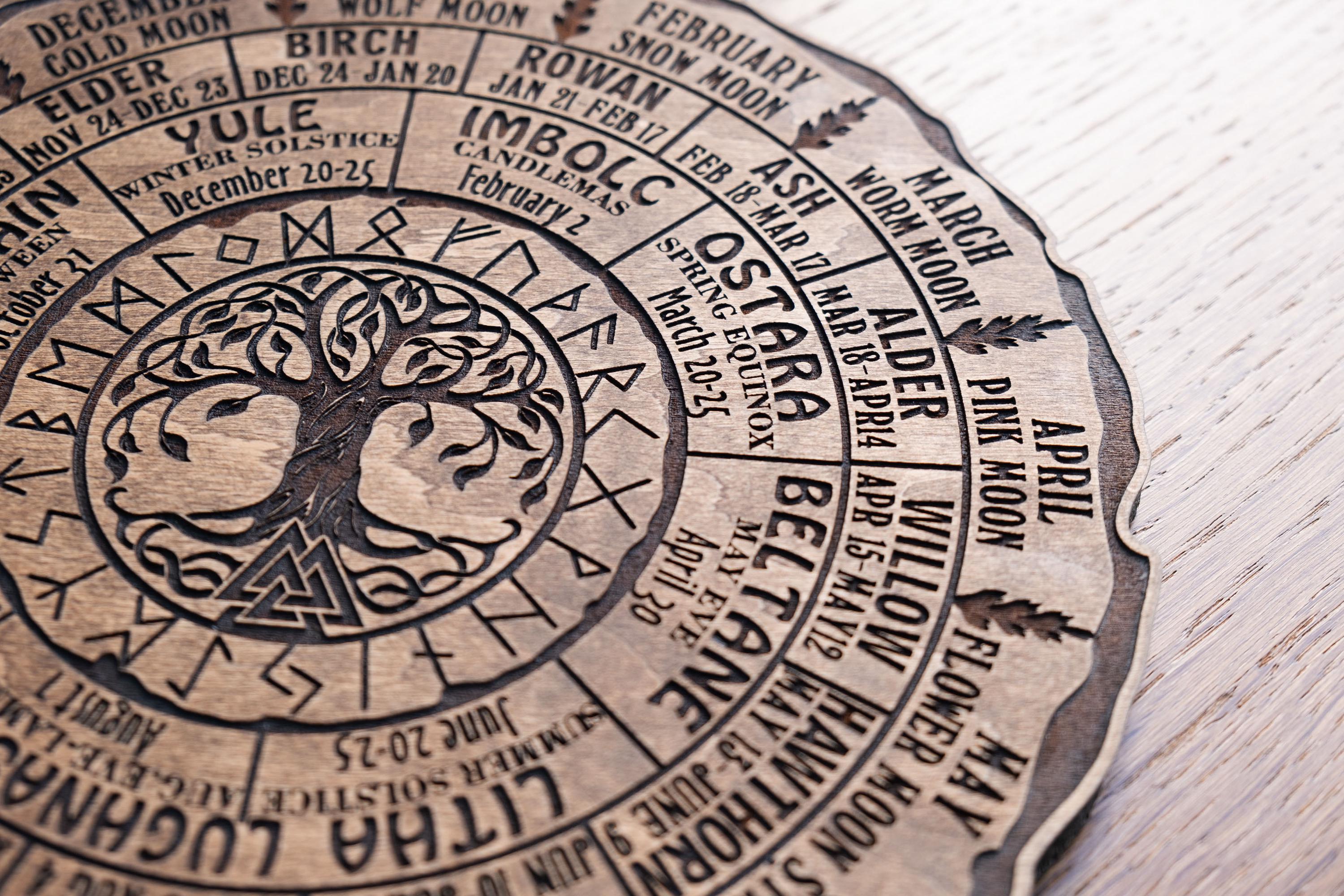 Celtic Tree Calendar Wheel – Wooden Pagan Year Wheel With Moon Phases ...