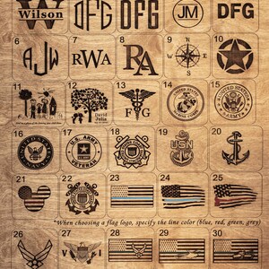 May include: A chart displaying 37 different logo options for engraving. The logos include initials, family names, military branches, and flags. The chart is on a wooden background.