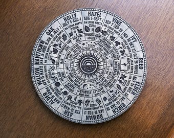 Ogham Tree Calendar Wheel – Wooden Pagan Year Wheel with Moon Phases & Celtic Months